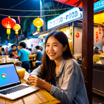 **

A digital nomad working on a laptop at a street food stall in Hanoi. The stall is bustling with locals enjoying pho. In the background, there are colorful Vietnamese lanterns and a modern coffee shop with strong Wi-Fi. The digital nomad looks happy and engaged, showcasing the blend of local culture and remote work possibilities.

**