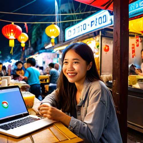Home 4 **
A digital nomad working on a laptop at a street food stall in Hanoi. The stall is bustling with locals enjoying pho. In the background, there are colorful Vietnamese lanterns and a modern coffee shop with strong Wi-Fi. The digital nomad looks happy and engaged, showcasing the blend of local culture and remote work possibilities.
**