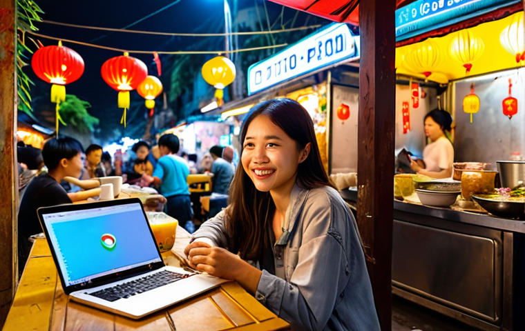 **
A digital nomad working on a laptop at a street food stall in Hanoi. The stall is bustling with locals enjoying pho. In the background, there are colorful Vietnamese lanterns and a modern coffee shop with strong Wi-Fi. The digital nomad looks happy and engaged, showcasing the blend of local culture and remote work possibilities.
**